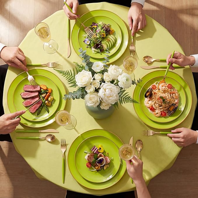 DaYammi 150Pcs Lime Green Plastic Plates & Gold Cutlery with Green Handle,green Disposable Plates with Gold Rim Include 30 Dinner Plate,30 Dessert Plate,30 Knives,30 Forks,30 Spoons for Party Dinner