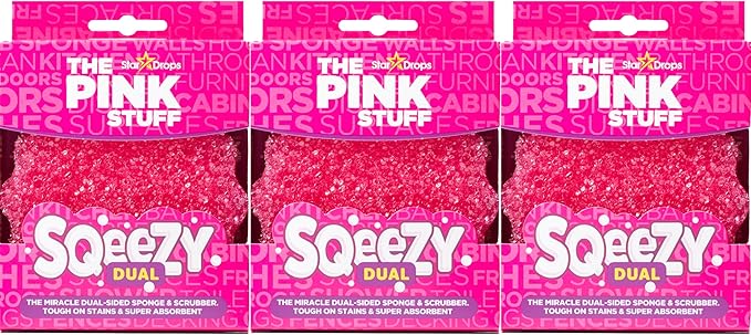 Stardrops – The Pink Stuff – SQeeZY Miracle Dual Sided Scrubber Sponge, Scratch Free Solution for Ultimate Home Cleaning - Perfect for Kitchens, Bathrooms, and Outdoor Use, 3-Pack