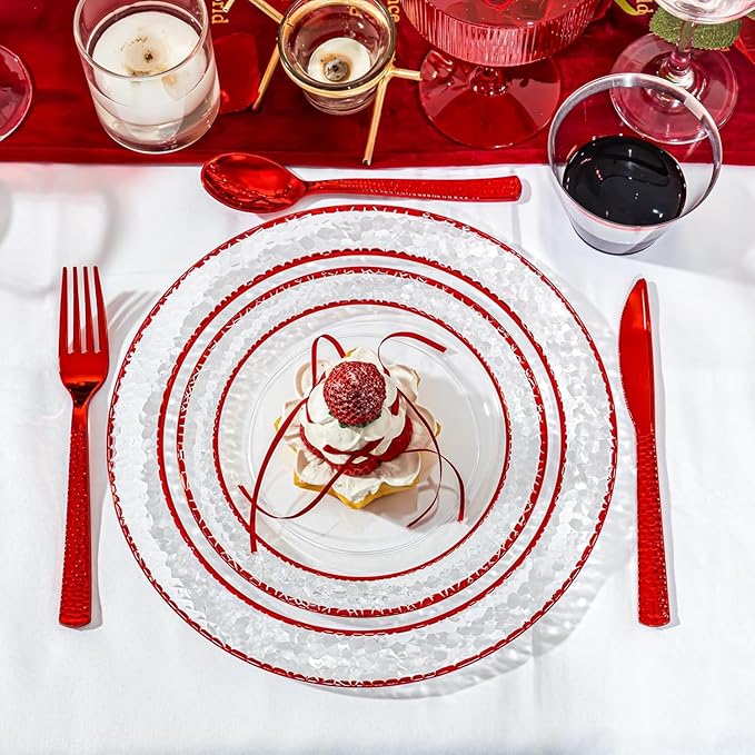 Ciaell 350 PCS Clear and Red Plastic Plates – Red Dinnerware Set for 50 Guests Include 100 Plastic Plates, 50 Pre Rolled Napkins with Cutlery Set, 50 Cups for Wedding & Party