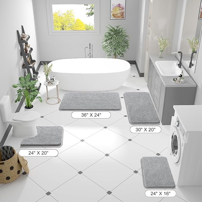 OLANLY Large Bathroom Rugs 44x32, Extra Soft Absorbent Chenille Bath Rugs, Rubber Backing Quick Dry, Machine Washable Bath Mats for Bathroom Floor, Tub and Shower, Home Decor Accessories, Light Grey