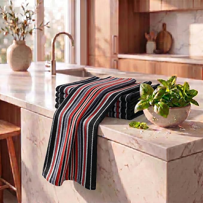 Urban Villa Kitchen Towels Waffle Stripes Dish Towels for Kitchen Black Color Set of 6 Kitchen Towels Highly Absorbent Cotton Over Sized 20X30 in with Mitered Corners Kitchen Hand Tea Towels