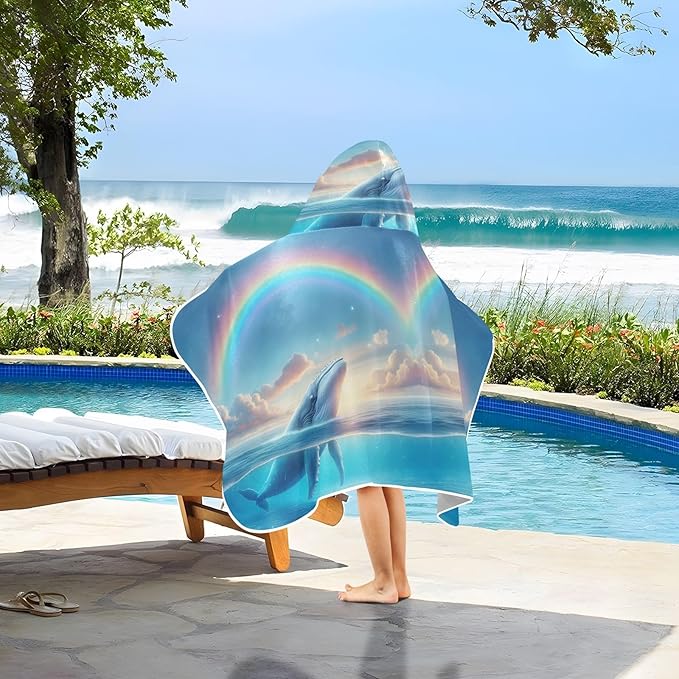 Hooded Towel for Kids Whale Under Rainbow Beach Wrap Bath Towels 50x23.5in