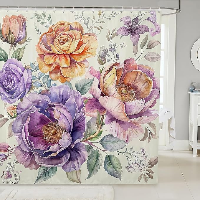 Peony Flower Waterproof Shower Curtain - Luxury Heavy Fabric Floral Botanical Bathroom Decor for Hotel, Home, Dorm, Bathtubs - Machine Washable With Grommets - 72 x 84 Inch