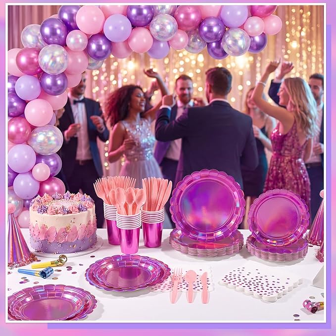 175 Pcs Iridescent Pink Party Supplies Include 25 guest Scalloped Holographic Pink Paper Plates and Napkins Set for Mermaid, Disco and Birthday Party Decor