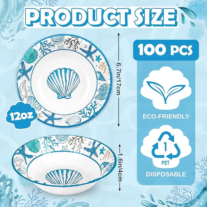 FYSUIMU 100 Pcs Ocean Paper Bowls Snack Bowl Starfish Seashell Coral Disposable Serving Bowls for Summer Party Household Supplies Decor, 12 Oz