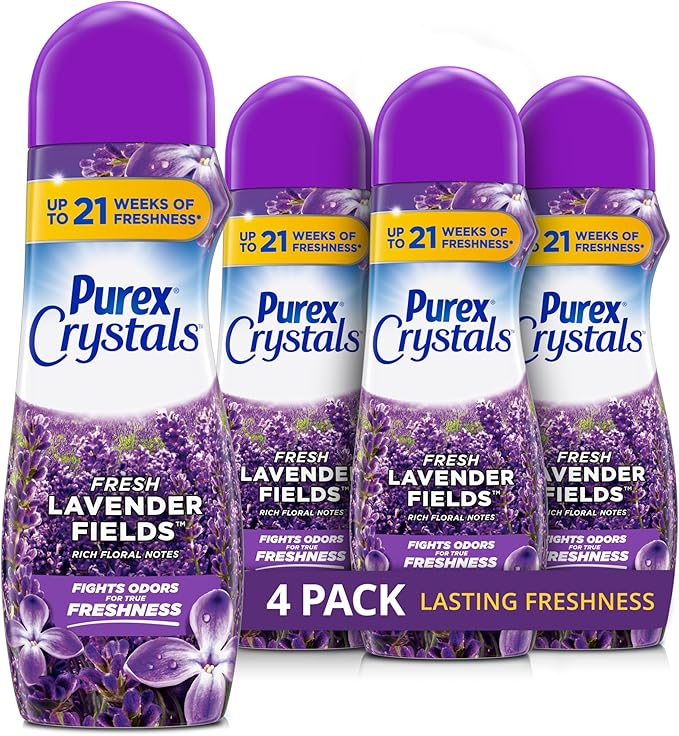 Purex Crystals In-Wash Scent Booster, Fresh Lavender Fields, 21 oz (Pack of 4), Long-Lasting Freshness & Odor Elimination Technology