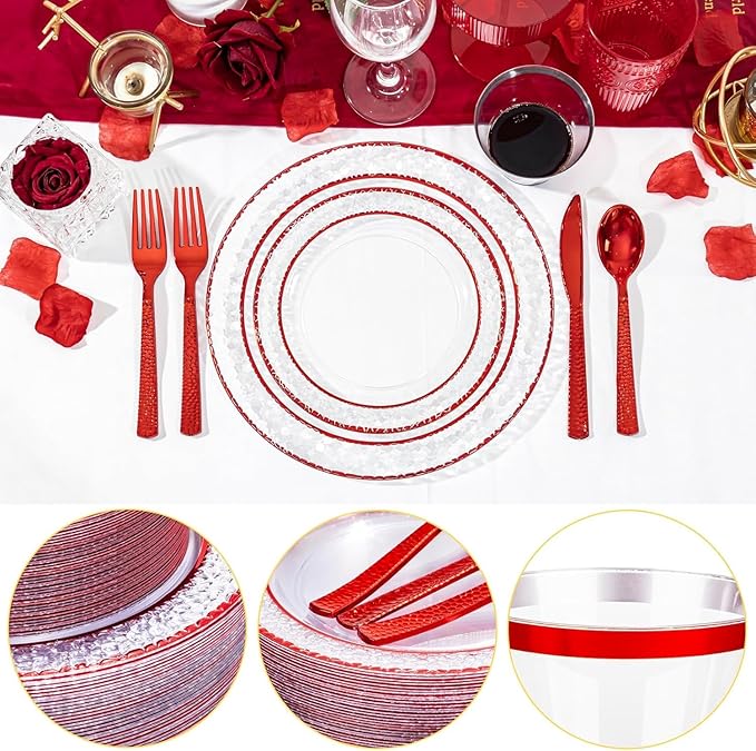 Ciaell 350 PCS Clear and Red Plastic Plates – Red Dinnerware Set for 50 Guests Include 100 Plastic Plates, 50 Pre Rolled Napkins with Cutlery Set, 50 Cups for Wedding & Party
