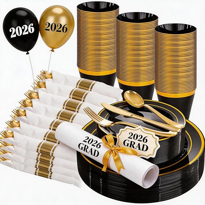 WELLIFE 350PCS Black and Gold Plastic Plates - Plastic Dinnerware Set for 50 Guests,Include 50 Dinner Plates, 50 Dessert Plates, 50 Black Cups 9 OZ, 50 Pre Rolled Napkins with Gold Silverware