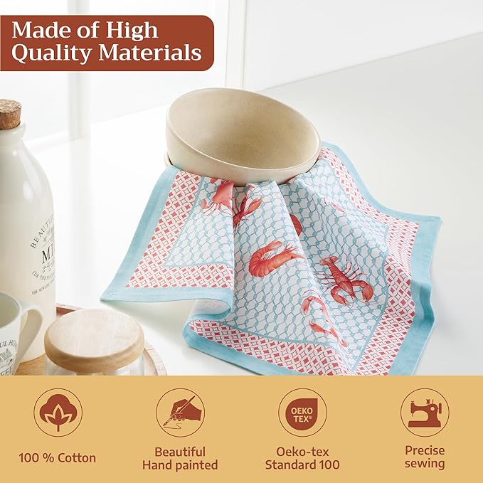 Maison d' Hermine 100% Cotton Cloth Napkins Set of 4 Everyday Reusable Square Napkins Cloth Washable Dinner Party Wedding Restaurant Hotel Kitchen Spring Summer (Lobster Love, 18" x 18")