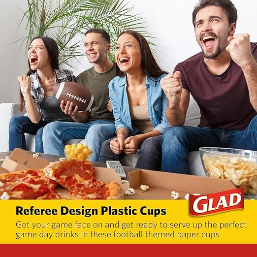 Glad Everyday Clear Plastic Cups with Referee Football Print - Sturdy Disposable Drinking Cups for Game Day, Parties, and Everyday Use, Recyclable #5 Plastic, 18 oz, 50 Count - 12 Pack