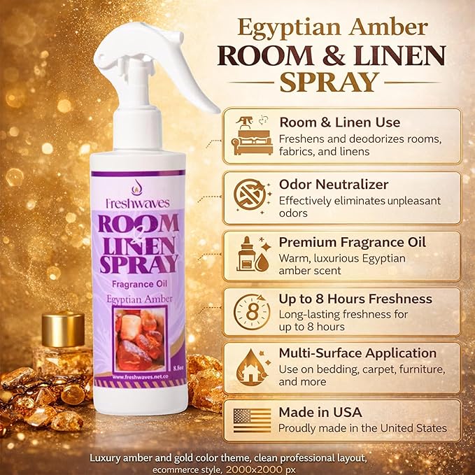 Freshwaves Egyptian Amber Air Freshener Spray | Room Spray Odor Eliminator | Home Fragrance for Living Room | Bedroom | Restroom & Office | 8.8oz White Trigger Spray