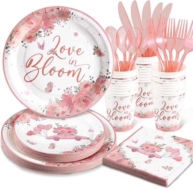 Love in Bloom Bridal Shower Decorations,168pcs Bridal Shower Plates and Napkins Sets Serves 24 for Pink Floral Wedding Party Supplies,Spring Love in Bloom Party Decorations, Baby Girl Shower