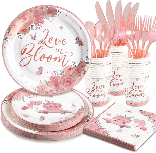 Love in Bloom Bridal Shower Decorations,168pcs Bridal Shower Plates and Napkins Sets Serves 24 for Pink Floral Wedding Party Supplies,Spring Love in Bloom Party Decorations, Baby Girl Shower