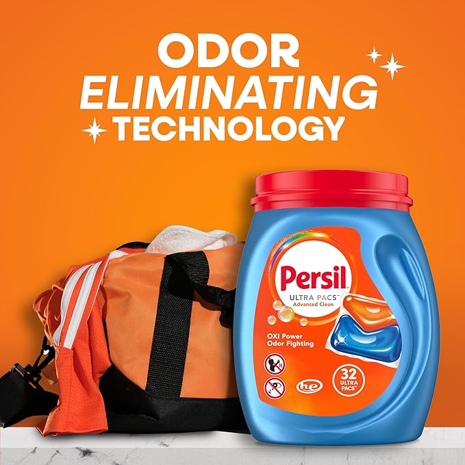 Persil Ultra Pacs Advanced Clean Oxi+Odor Power Laundry Detergent, 57 Count, No Mess, Single-Dose Laundry Soap, Fights Tough Stains & Odors, All Water Temperatures, HE Safe