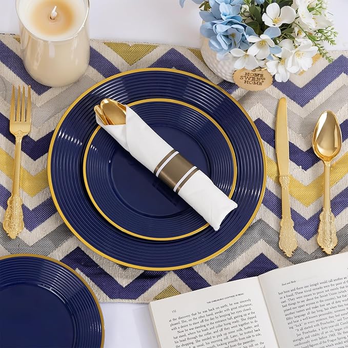 Liacere 100PCS Blue Plastic Plates - Heavy Duty Disposable Plates- Blue and Gold Plate 100PCS Dinner/Dessert Plate for Party & Graduation & Memorial Day