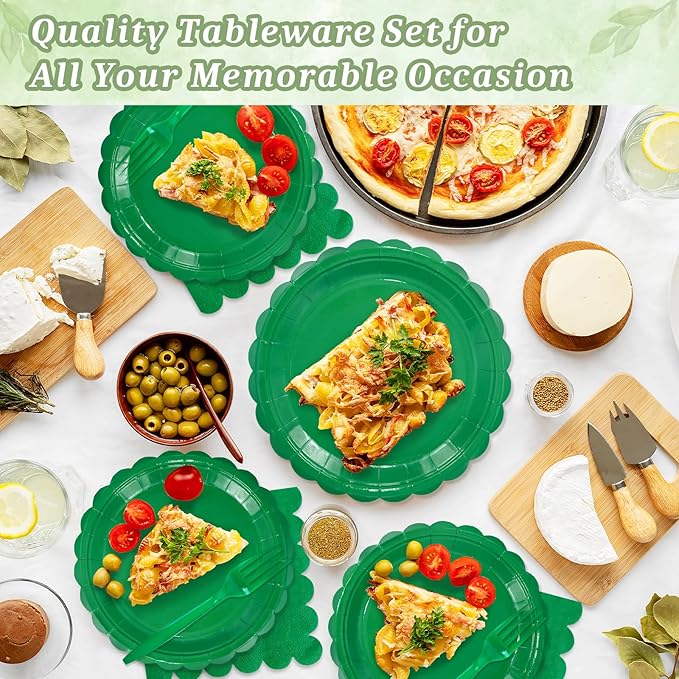 Mulbozy 100 Green Plates and Napkins Disposable Set Includes 25-9" & 25-7" Dessert Cake Scalloped Plates, Cocktail Napkins, Forks for for Holiday Party Supplies