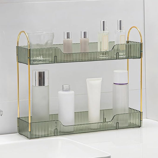 YCIA&DONE 2 Tiers Narrow Vanity Makeup Organizer, Bathroom Organizers Countertop Slim, Perfume Holder Skincare Storage Cosmetic Shelf Spice Rack, for Small Desktop Counter Space, Vintage Green