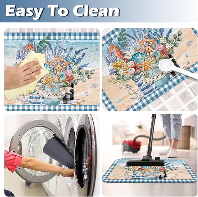 APROPHIC Summer Coastal Flower Bath Mat for Bathroom Decor, Ocean Seashell Buffalo Plaid Bathroom Rug Non-Slip Carpet, Absorbent Quick-Drying Floor Mat, Ultra-Thin Fit Under The Door,17x24 in, Blue