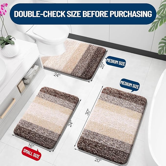 OLANLY Bathroom Rugs Sets 3 Piece, Soft Absorbent Microfiber Bath Mats and U-Shaped Contour Toilet Rug, Plush Shaggy Bath Mat Set for Bathroom (30"x20"+24"x16"+24"x20", Brown)