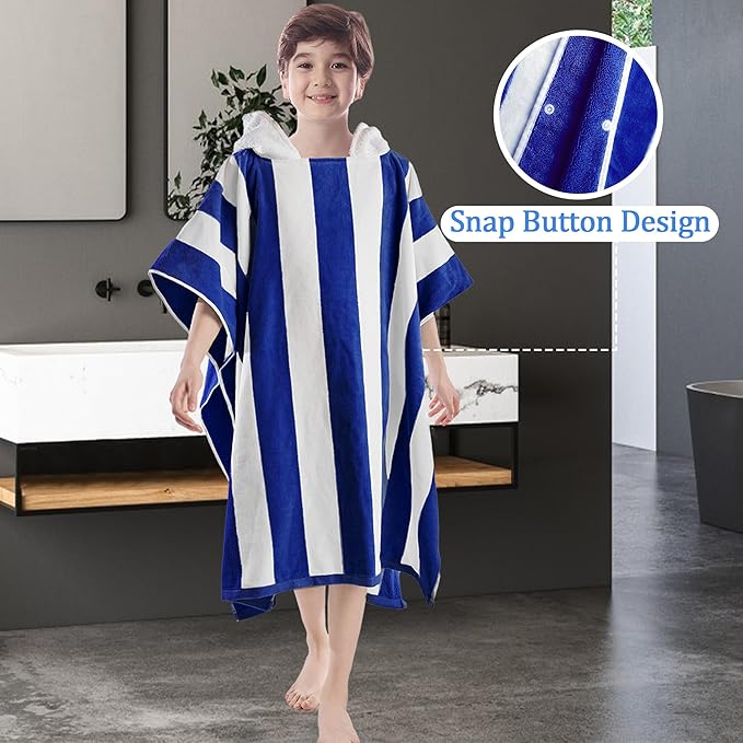 VOOVA & MOVAS Hooded Beach Towels for Big Kids | Teens (8-16Years), Absorbent 100% Cotton Poncho Towel for Kids, Perfect for Pool, Beach, Bath and Gifts, Gem Blue Cabana Stripe