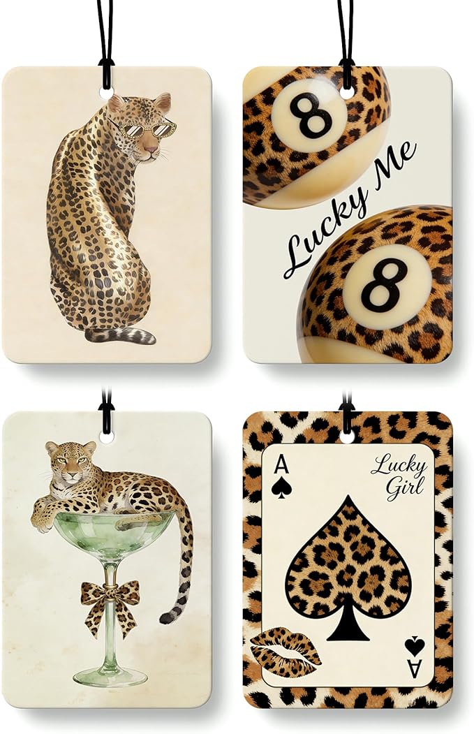 Preppy Leopard Print Orange Citrus Car Air Freshener 4pcs, Trendy Girly Y2k Cheetah 8 Ball Martini Ace Card Hanging Scents Car Accessories Interior Mirror Decor for Women Girls