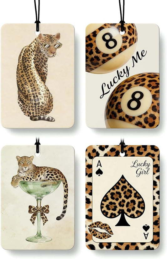 Preppy Leopard Print Orange Citrus Car Air Freshener 4pcs, Trendy Girly Y2k Cheetah 8 Ball Martini Ace Card Hanging Scents Car Accessories Interior Mirror Decor for Women Girls