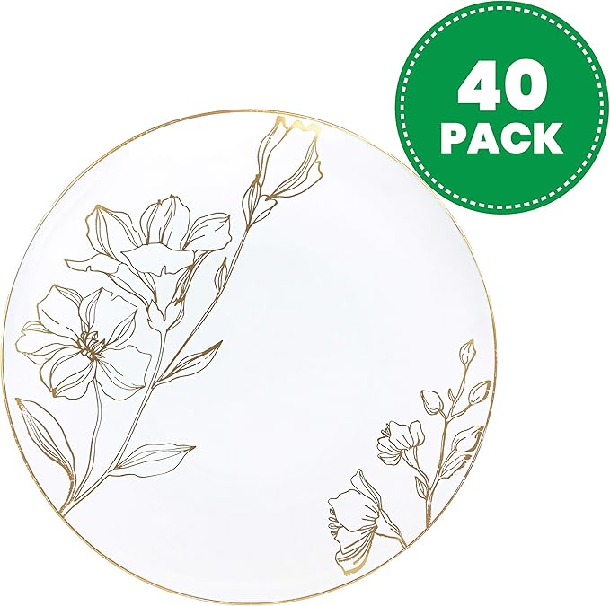 [9'' Plates 40 Count] White Plastic Floral Design Party Dinner Plates With Gold Rim Premium heavyweight Elegant Disposable Tableware Dishes