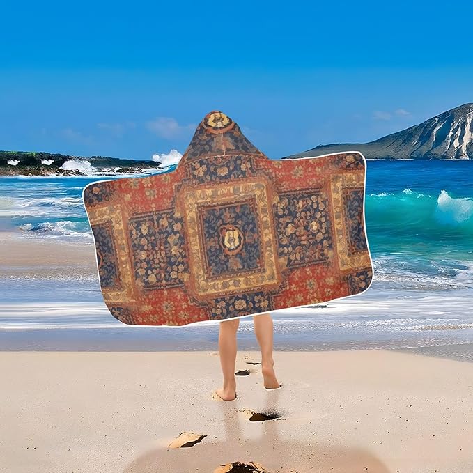 Hooded Towel for Kids Retro Tribe Red Golden Pattern Beach Wrap Bath Towels 50x23.5in