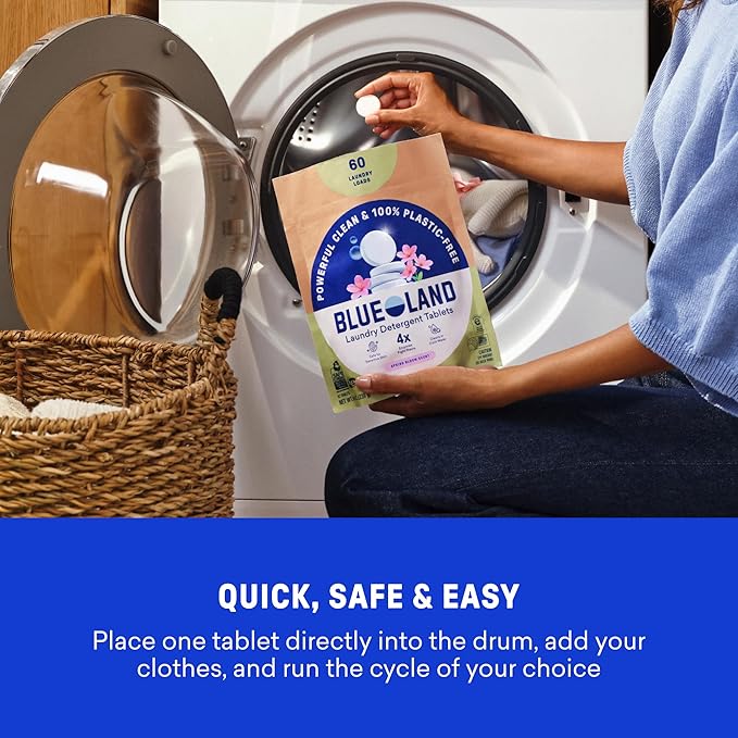 BLUELAND Laundry Detergent Tablets, 120 Count, Spring Bloom Scent, Plastic-Free Eco-Friendly Pods, Sheets, Liquid Alternative - Safe for Sensitive Skin, Gentle