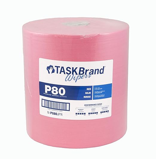 TaskBrand P80 Premium Series Wipers, Hydrospun, Red, 12" x 13", Premium Duty, Roll, 475 Sheets (N-P080JPR)