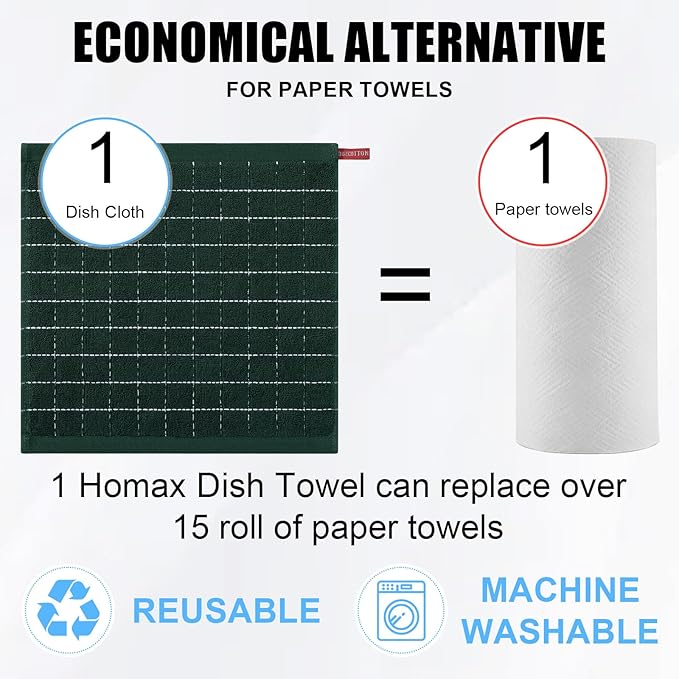 Homaxy 100% Cotton Terry Kitchen Dish Cloths, Ultra Soft and Absorbent Dish Towels for Kitchen, Suitable for Drying and Washing Dishes, 8 Pack, 12 x 12 Inches, Blackish Green