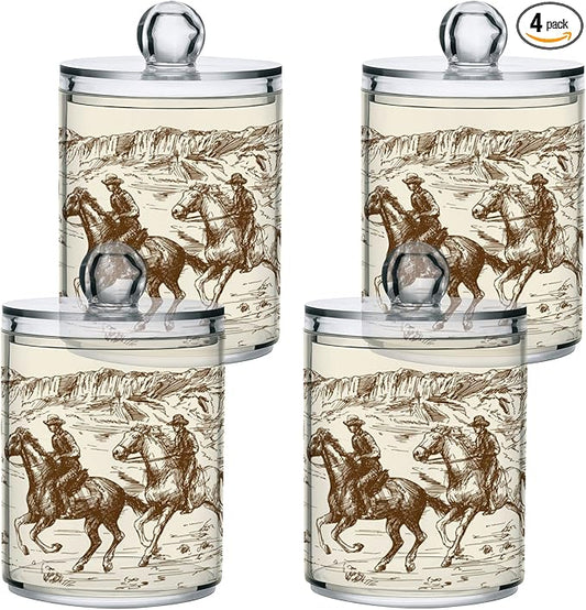 Blueangle 4PCS American West Cowboy Qtip Holder Dispenser with Lids - Apothecary Jar Containers for Vanity Organizer Storage - Plastic Food Storage Canisters
