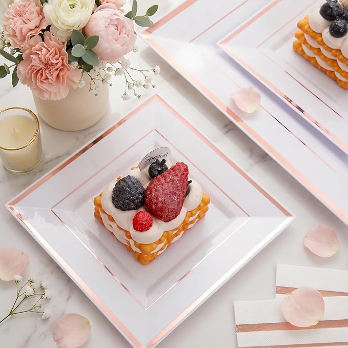 Festiva 350Pcs Rose Gold Plates and Napkins Party Supplies-Square White and Rose Gold Disposable Dinnerware include Plates Cups Cutlery Napkins for 50 Guests Wedding &Mother's Day&Birthday Party