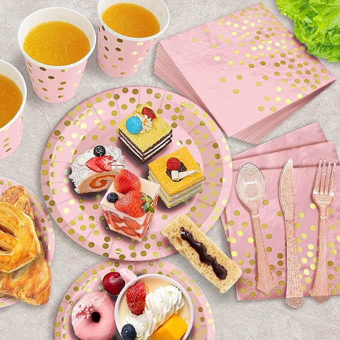 AIRE 175PCS Pink Rose Gold Plates Party Supplies Severs 25 Guests Disposable Party Decorations, Plastic Forks Knives Spoons, Golden Dot Paper Plates Napkins Cups for Mothers Day Birthday Wedding