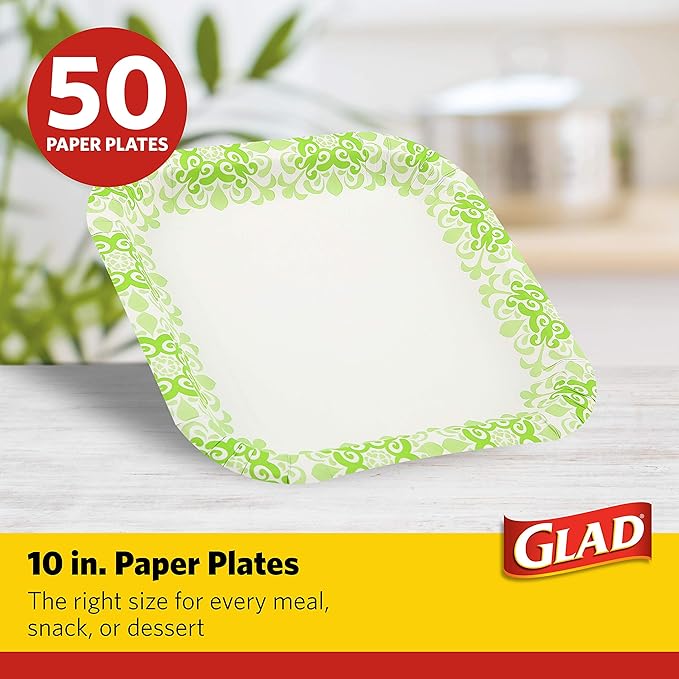 Glad Square Heavy Duty Paper Plates, Soak Proof and Cut Proof Disposable Plates for Parties and Everyday Meals, Microwaveable for Easy Serving, Green Victorian Pattern, 10 Inch, 50 Count