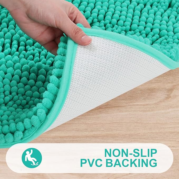Grandaily Chenille Striped Bathroom Rugs 47x32, Extra Thick and Absorbent Bath Mats, Non-Slip Soft Plush Shaggy Shower Carpet, Machine Wash Dry, Bath Rug for Bathroom, Teal