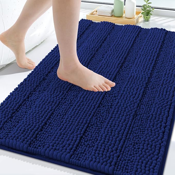 Grandaily Chenille Striped Bathroom Rugs 47x24, Extra Thick and Soft Absorbent Bath Mats, Rubber Backing, Plush Shaggy Shower Carpet, Machine Wash Dry, Bath Rug for Bathroom, Navy Blue