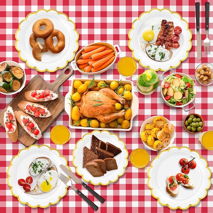 50 Pcs White Paper Plates, 25 Pcs 9" and 25 Pcs 7" Disposable White Scalloped Plates with Gold Foil for Graduation Wedding Baby Shower Birthday Party Picnic BBQ
