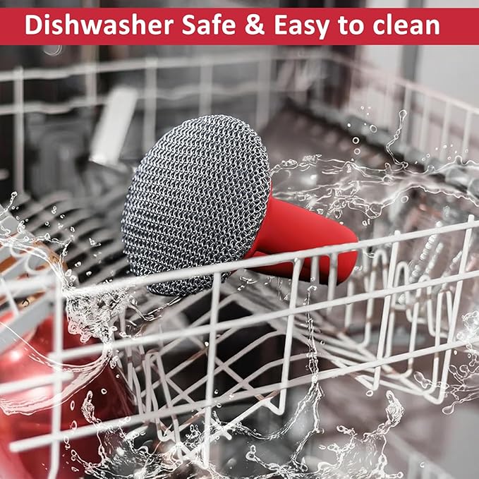 Cast Iron Scrubber with Handle 316L Stainless Steel Chainmail Scrubber for Cast Iron Pan Skillet Cleaner,Skillets and Grills (Red)