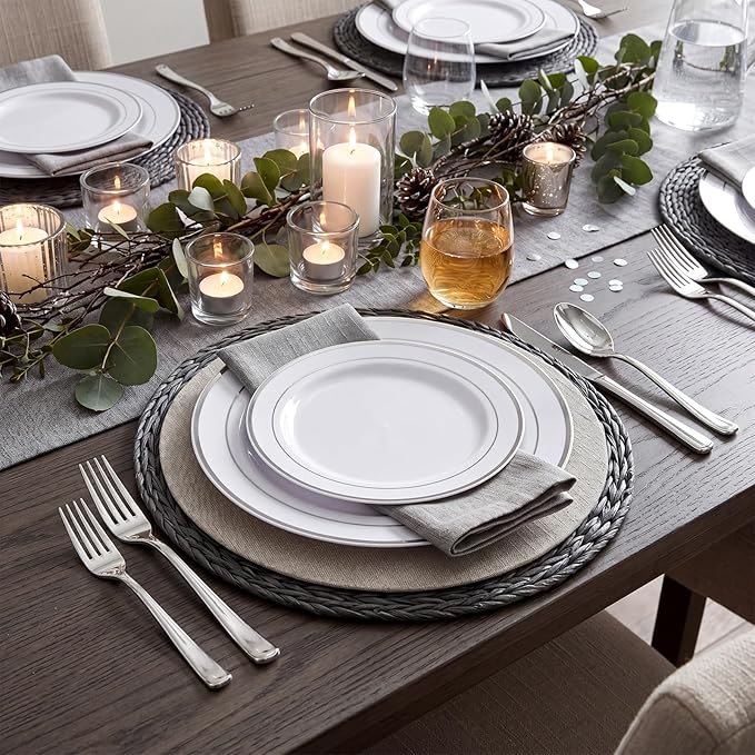 WDF 120PCS Plastic Plates White Silver Rim - Disposable Plates including 60PCS for Dinner 10.25inch, 60 Salad/Dessert Plates 7.5inch Heavy Duty Wedding Party Birthday