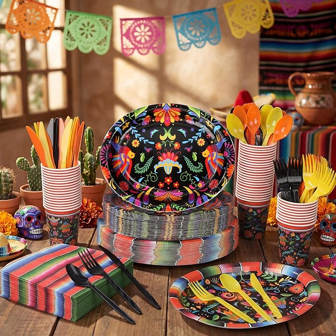 Havawish 350 Pcs Mexican Party Supplies Fiesta Disposable Tableware Set Flower Serape Stripe Oval Paper Plates Cups Napkins Fork Knife Spoon Dinnerware for Cinco De Mayo Mexico Table Decor