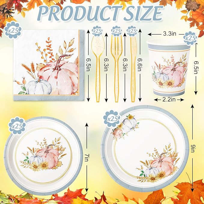 JarThenaAMCS Fall Party Supplies Kit Serves 25 Pink Blue Pumpkin Paper Plates Napkins Cups Plastic Knives Forks Spoons for Autumn Thanksgiving Wedding Birthday Baby Shower, 175Pcs