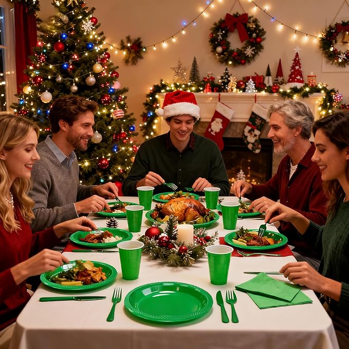 WELLIFE 210 PCS Green Plastic Plates for 30 Guests - Disposable Dinnerware Set Including Dinner Plates, Dessert Plates, 12oz Cups, Cutlery & Napkins, Green Party Plates