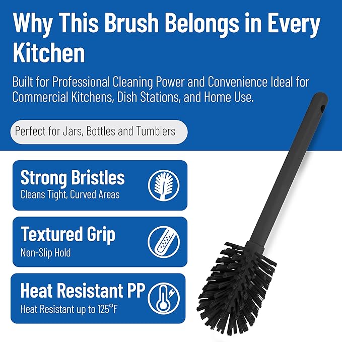 SPARTA 12 Inch Bottle Brush with Polyester Bristles and Plastic Handle, Color Coded, Large Round Head Cleaner for Bottles Jars and Food Service Equipment, Black