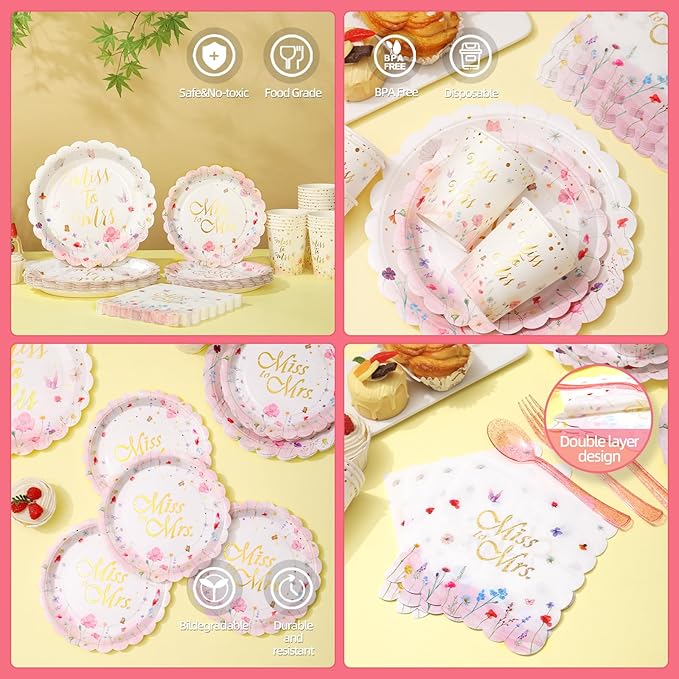 Wildflower Bridal Shower Decorations, Bridal Shower Plates and Napkins Sets 168Pcs, Miss to Mrs Wildflower Plates Serves 24, Love is In Bloom, Wedding Shower, Engagement Party