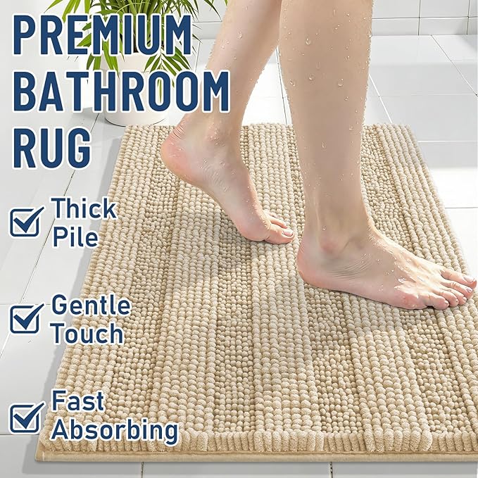 Grandaily Chenille Striped Bathroom Rugs 30x20, Extra Thick and Soft Absorbent Bath Mats, Rubber Backing, Plush Shaggy Shower Carpet, Machine Wash Dry, Bath Rug for Bathroom, Light Beige