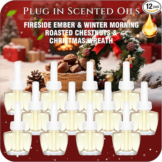 Plug Ins Refills Air Freshener 12 Pack, Fireside Ember, Winter Morning, Roasted Chestnuts, Christmas Wreath, Long Lasting Plug in Refills, Compatible with Air Wick & Glade, Not Include Glade Plus