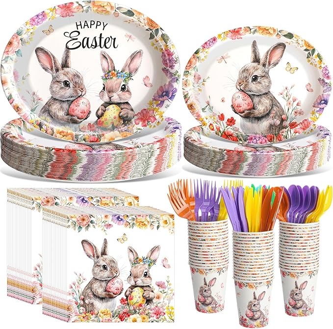 Havawish 350 Pcs Easter Bunny Party Supplies Happy Easter Disposable Tableware Set Flowers Butterflies Rabbit Eggs Oval Paper Plates Cups Napkins Fork Knife Spoon for Spring Party Table Decorations