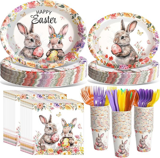 Havawish 350 Pcs Easter Bunny Party Supplies Happy Easter Disposable Tableware Set Flowers Butterflies Rabbit Eggs Oval Paper Plates Cups Napkins Fork Knife Spoon for Spring Party Table Decorations