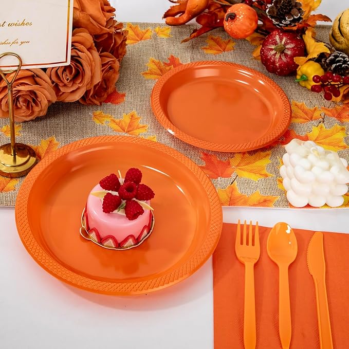 WELLIFE 210Pcs Orange Disposable Plates,Plastic Dinnerware Set for Party,Includes: Orange Plates,Disposable Cutlery,12OZ Plastic Cups and Napkins Serve 30 Guests